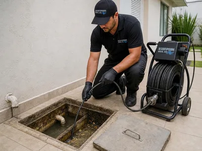 Técnico de uniforme preto desentupindo caixa de gordura residencial cheia de gordura acumulada